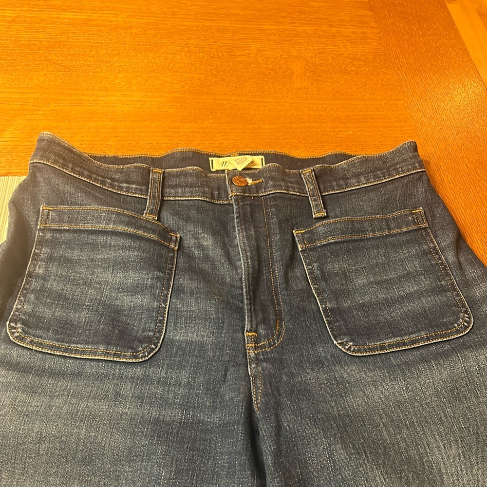 Madewell Jeans 31 Emmett Wide Leg Denim Patch Pockets Stretch Blue